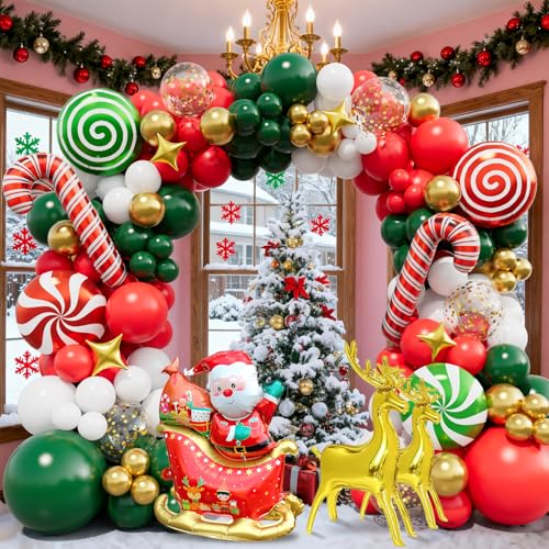 Bonropin 157pcs Christmas Balloon Arch Kit - Red White Green Gold Balloons, Candy Balloon, Cane Balloons, Sleigh Balloons, Elk Foil Balloons for Xmas Balloon Garland Kit Christmas Party Decorations