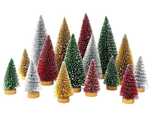 Whaline 16Pcs Artificial Mini Christmas Tree Snow Frosted Trees Red Green Gold Silver Bottle Brush Tree Desktop Mini Pine Tree with Wood Base for Christmas Home Office Tabletop Crafts, 3 Sizes