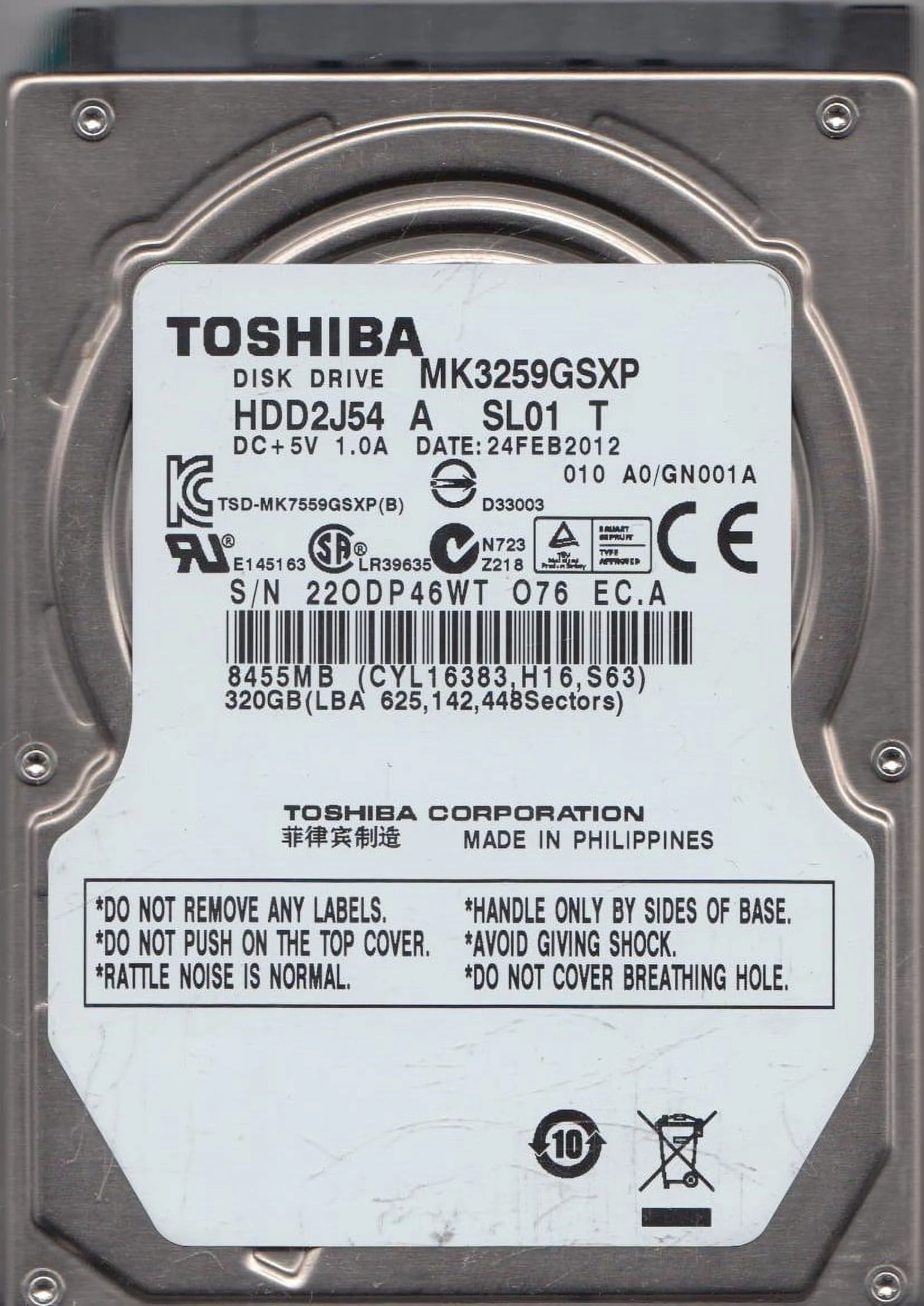 MK3259GSXP, A0/GN001A, HDD2J54 A SL01 T, Toshiba 320GB SATA 2.5 Hard Drive