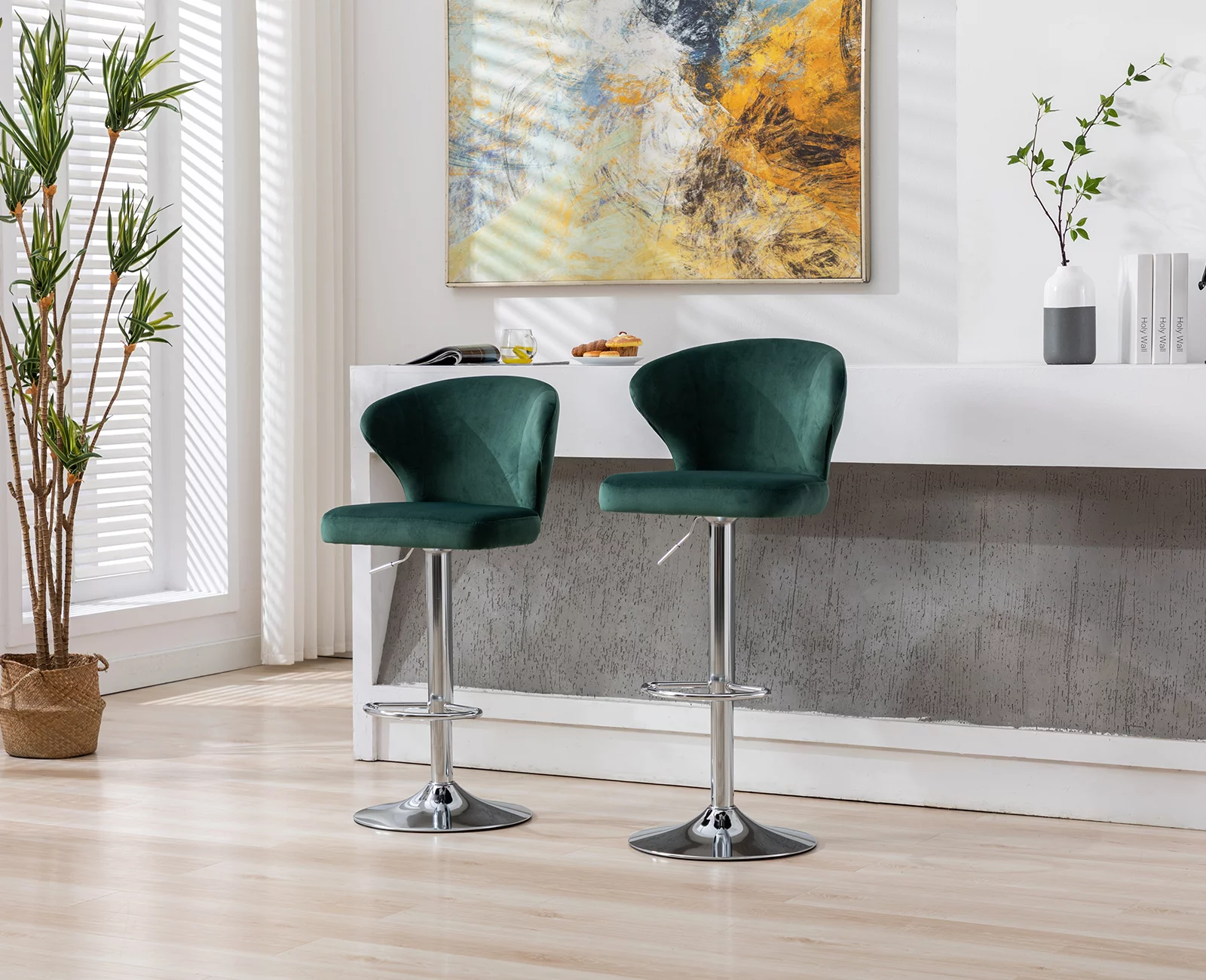 Guyou Modern Swivel Bar Stools Set of 2, Adjustable Velvet Counter Height Chair with Curved Back and Footrest for Kitchen Island Bar Restaurant, Green