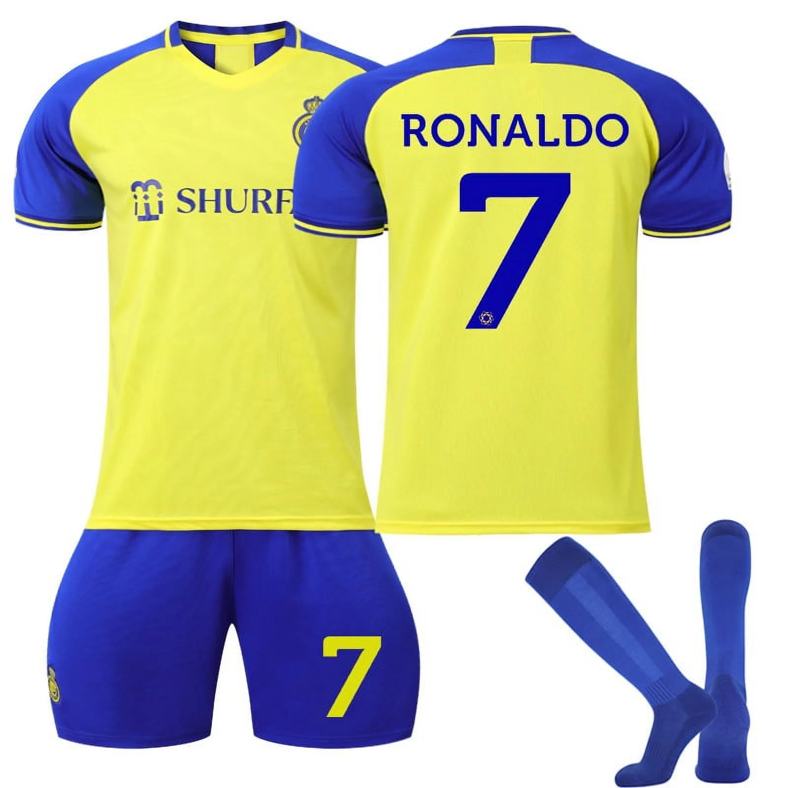 PhiFA 2022 Al-NASSR FC Ronaldo Soccer Jersey #7 Fans Jerseys Football Team Shirts Sportswear Activewear Set for Kids Youth Child Children wtih Socking Size 24