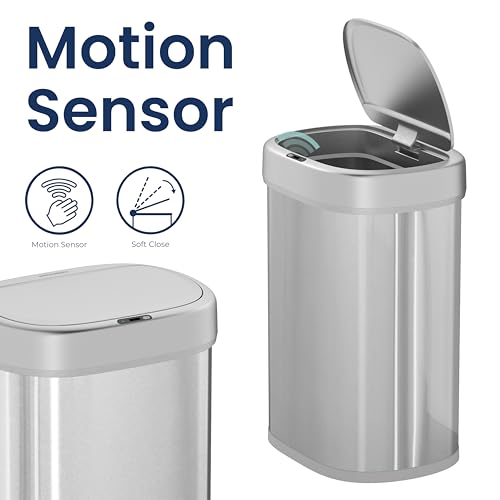 NINESTARS DZT-80-24 Automatic Motion Sensor Trash Can with Adjustable Sensor Range, Stainless Steel Base, Silver Lid, 21 Gallon