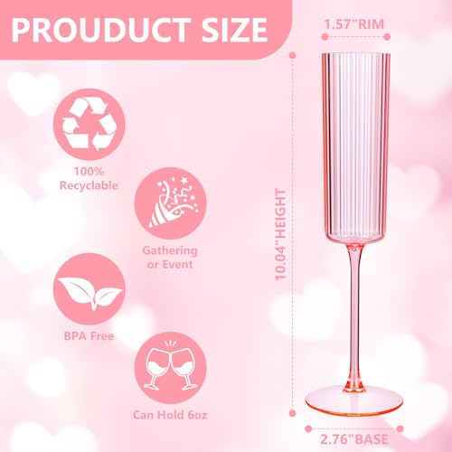 36 Pack Pink Plastic Champagne Flutes - 6oz Ribbed Disposable Champagne Glasses - Clear Pink Vintage Mimosa Glasses with Long Stem Elegant & Lightweight for Wedding Party