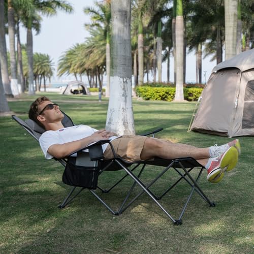 Reclining Camping Beach Chair - Folding Chairs with Footrest Lightweight Lounge with Pillow Cup Holder for Adults Outdoor Beach Patio Sport Lawn
