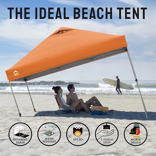 CROWN SHADES 10x10 Pop Up Canopy - Beach Tent with One Push Setup - Easy Outdoor Sun Shade for Events, Parties, Camping - Gazebo with STO-N-Go Cover Bag, Silver Coated Top, White