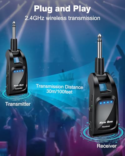 Wireless Guitar System 2.4 GHz with 6 Channels Rechargeable Audio Wireless Guitar Transmitter Receiver for Guitar Bass Electric Instruments
