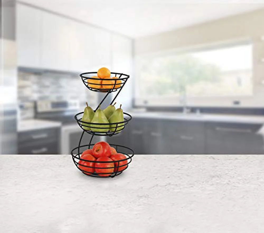 Spectrum Diversified Euro Arched Server Contemporary Stacked, 3-Tier Bowls for Modern Kitchen Counters, Sleek Fruit Basket Stand, One, Black