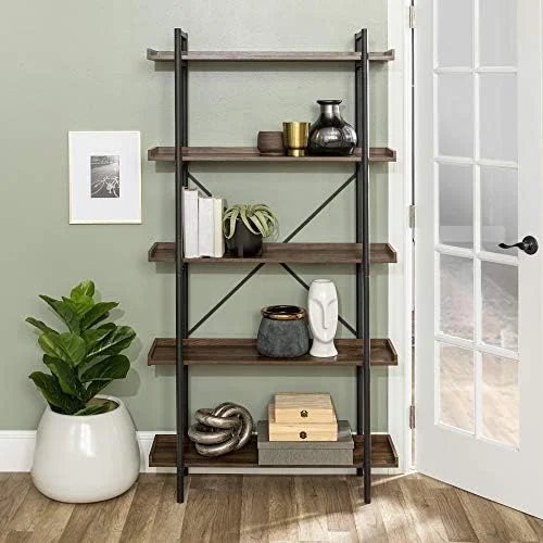 RUNFAYBIU 5  Industrial Wood Metal Bookcase Tall Bookshelf  Home Office  68 Inch  Driftwood