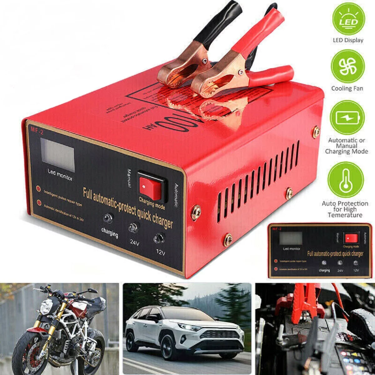 Maintenance Free Battery Charger 12V/24V 10A 140W Output For Electric Car NEW