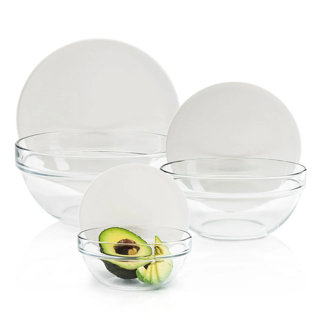 The Season Essentials Luminarc Stackable Bowls Set with White Lids, Stand, Clear