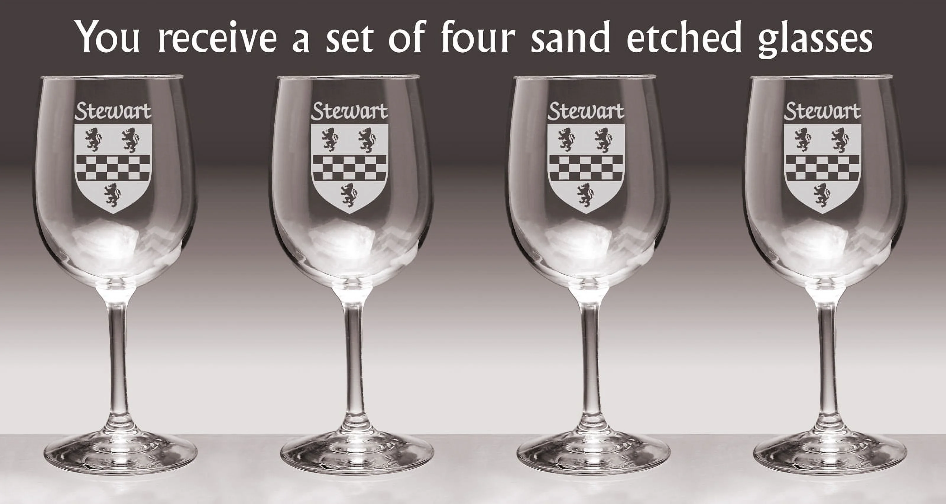 Stewart Irish Coat of Arms Wine Glasses - Set of 4 (Sand Etched)