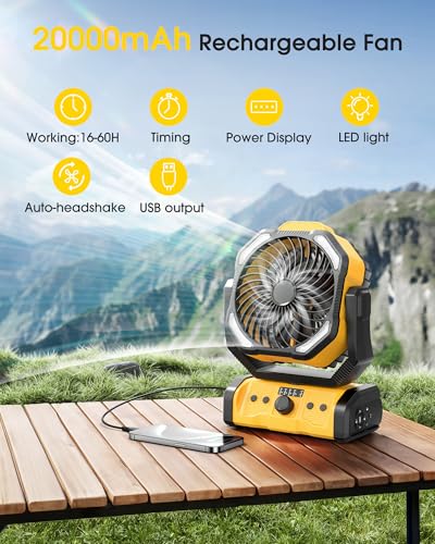 Portable Rechargeable Camping Fan - 20000mAh Cordless Battery Powered Tent Fans with LED Lantern, Remote Auto Oscillating USB C Table Operated Ventilador for Travel Outdoor Beach