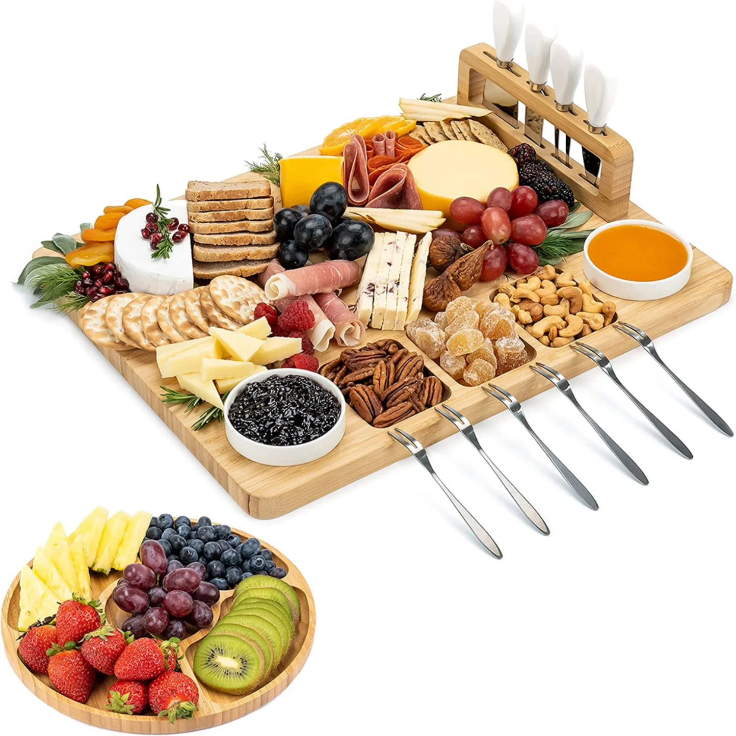 QIYAA Charcuterie Board Set Cheese Platter Knife Cutlery Wooden Bamboo Tray