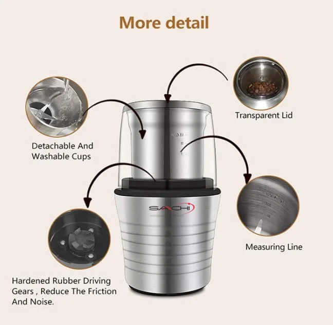 2-in-1 Electric Coffee Grinder Plus Wet and Dry Spice Grinder with 2 Stainless Steel Blades Removable Bowls, SA-2915