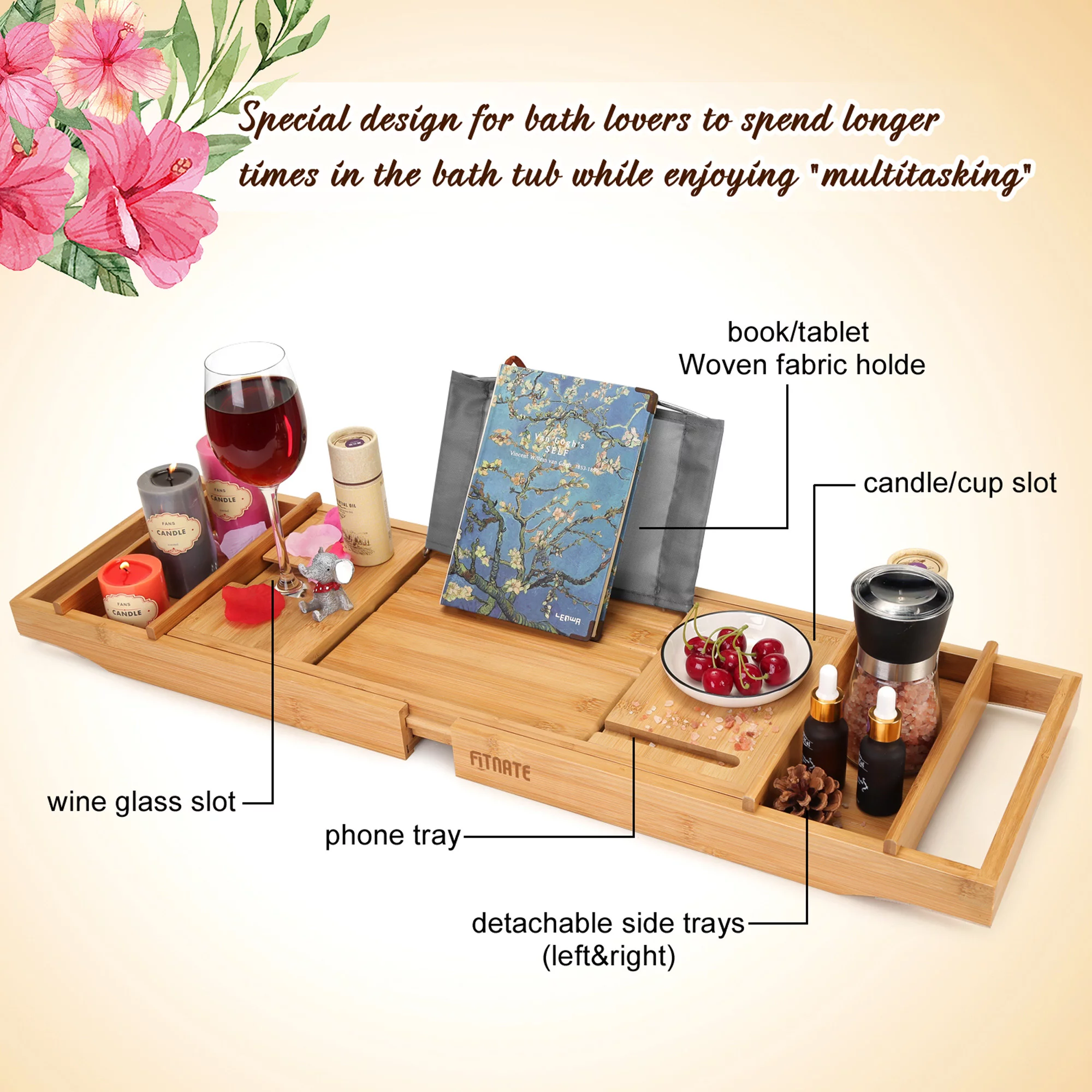 Wooden Bathtub Tray Caddy with Wine Glass Slot, Phone Tray, Book Holder, & Candle Slot, Non-Slip & Durable, Luxury Bamboo Bathtub Tray with Extra Wooden Body Brush