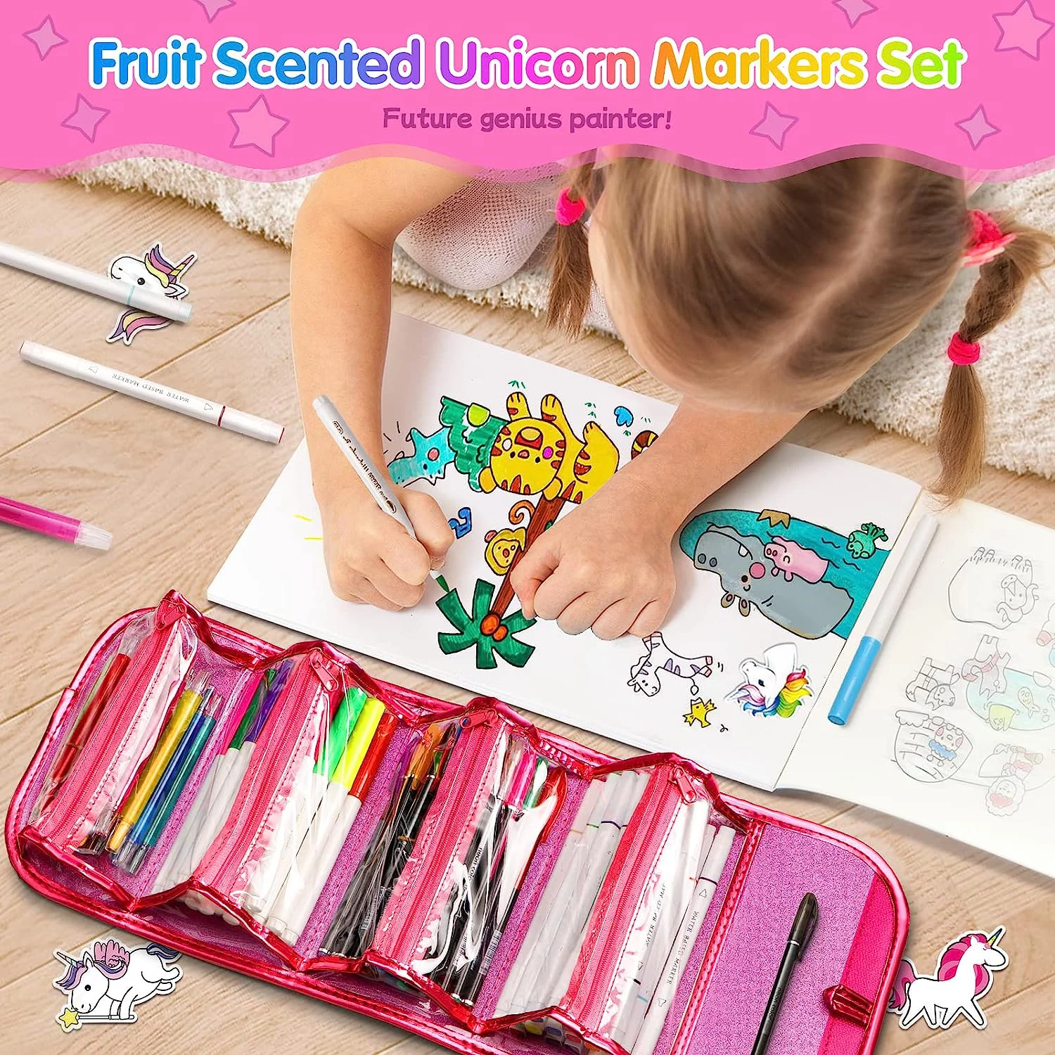 HopeRock Unicorn Pencil Case Markers Set for Kids, Fruit Scented Markers, Art & Coloring School Supplies Kit with Stickers, Perfect Christmas & Birthday Gifts for Girls & Boys 3 4 5 6 7 8