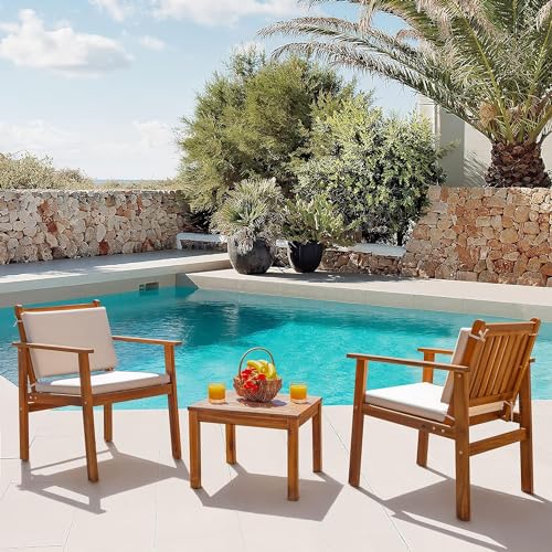 Devoko Patio Furniture 4 Piece Acacia Wood Outdoor Conversation Sofa Set with Table & Cushions Porch Chairs for Garden, Deck, Backyard, Natural
