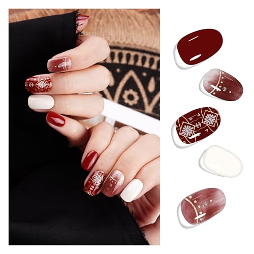 DANNI & TONI Semi Cured Gel Nail Strips Christmas Santa Claus Snowflakes Cat Eye Gel Nail Wraps 28 Stickers | Mistletoe Meow
