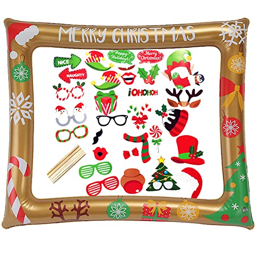 Photo Booth Party Props 32 Pcs - Inflatable Picture Frame & Props for Xmas Family Winter Holiday Games Decorations & Favor Supplies