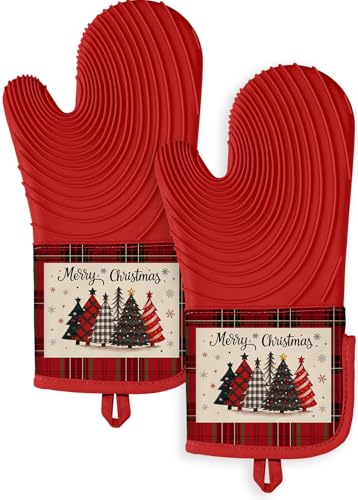 Slohif Long Silicone Oven Mitts Heat Resistant for Women - 2 Pcs Christmas Tree 100% Cotton Oven Gloves, Non-Slip and Waterproof Silicone Oven Mitts with Hanger for Baking and Cooking