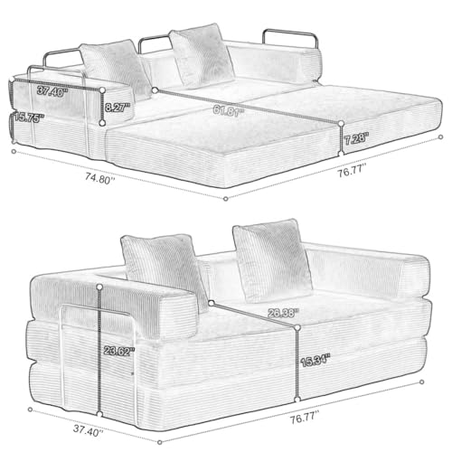 Compression Floor Sofa Bed, Convertible Foldable Sofa with Support Backrest and Armrest, Corduroy Fabric Modular Sectional Couch with 2 Pillows, Legless Floor Mattress, Dark Gray