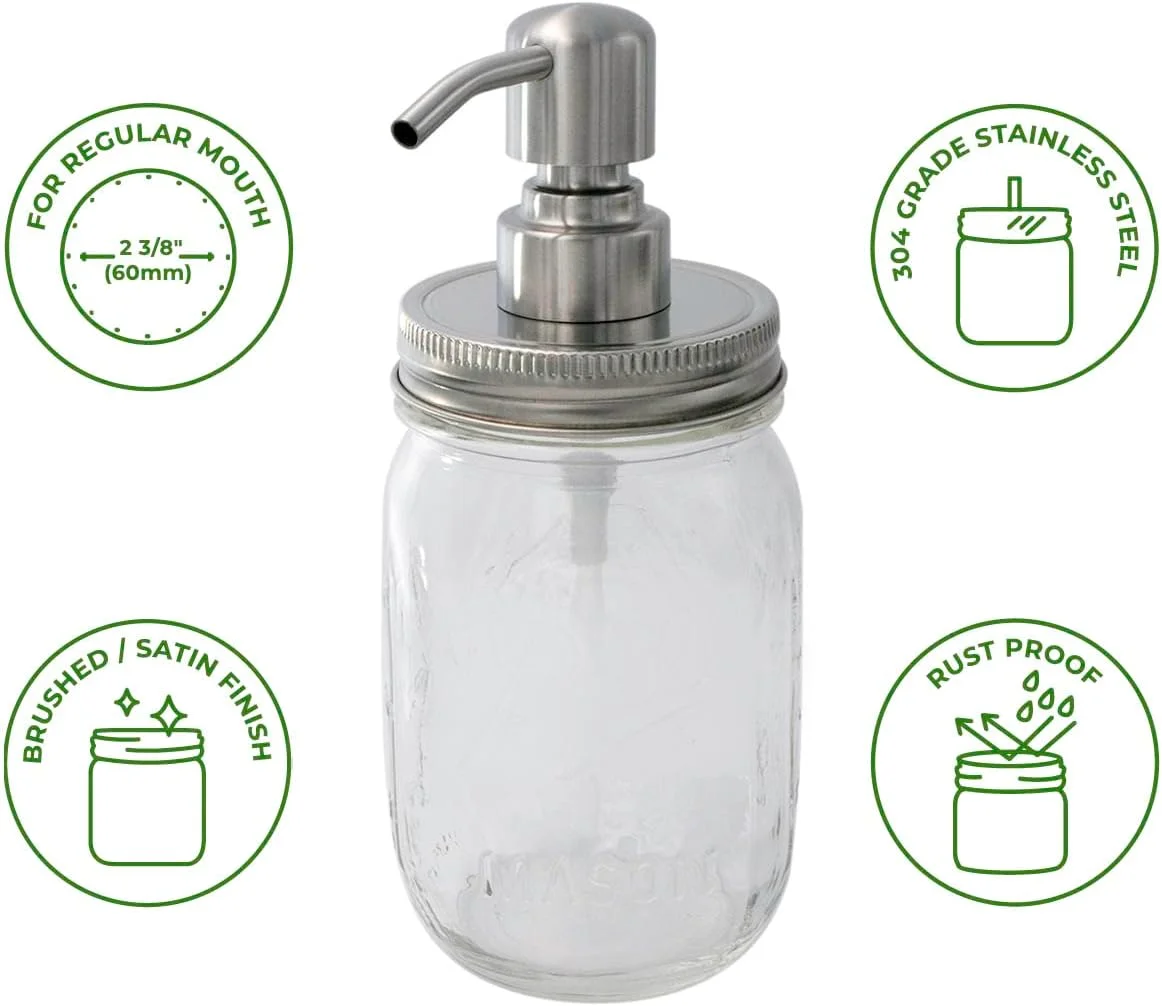 #4 Stainless Steel Soap Pump Lid | Hand Soap Pump Top/ Dispenser Pump Replacement Lids For Mason Jars (Regular Mouth)