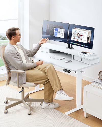 HUANUO 48″ x 24″ Electric Standing Desk with 2 Drawers, C-Clamp Mount Compatible, Height Adjustable Computer Desk, Home Office Stand Up Desk with 4 Preset Heights & 2 Hooks, Black