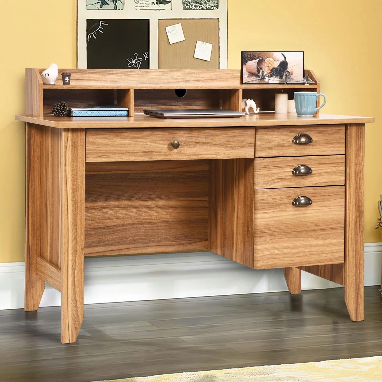 Computer Desk with Drawers and Hutch Shelf  Wood Executive Desk Teens Student Desk Writing Laptop Home Office Desk for Small Spaces  White Oak