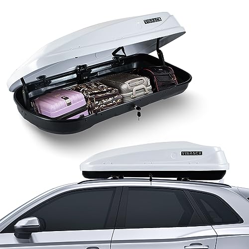 Hard Shell Roof Cargo Carrier, 13 Cubic Feet Storage, Durable ABS and PMMA Material, White Roof Box with Security Keys, Tool-Free Installation, Double-Sided Opening, 56