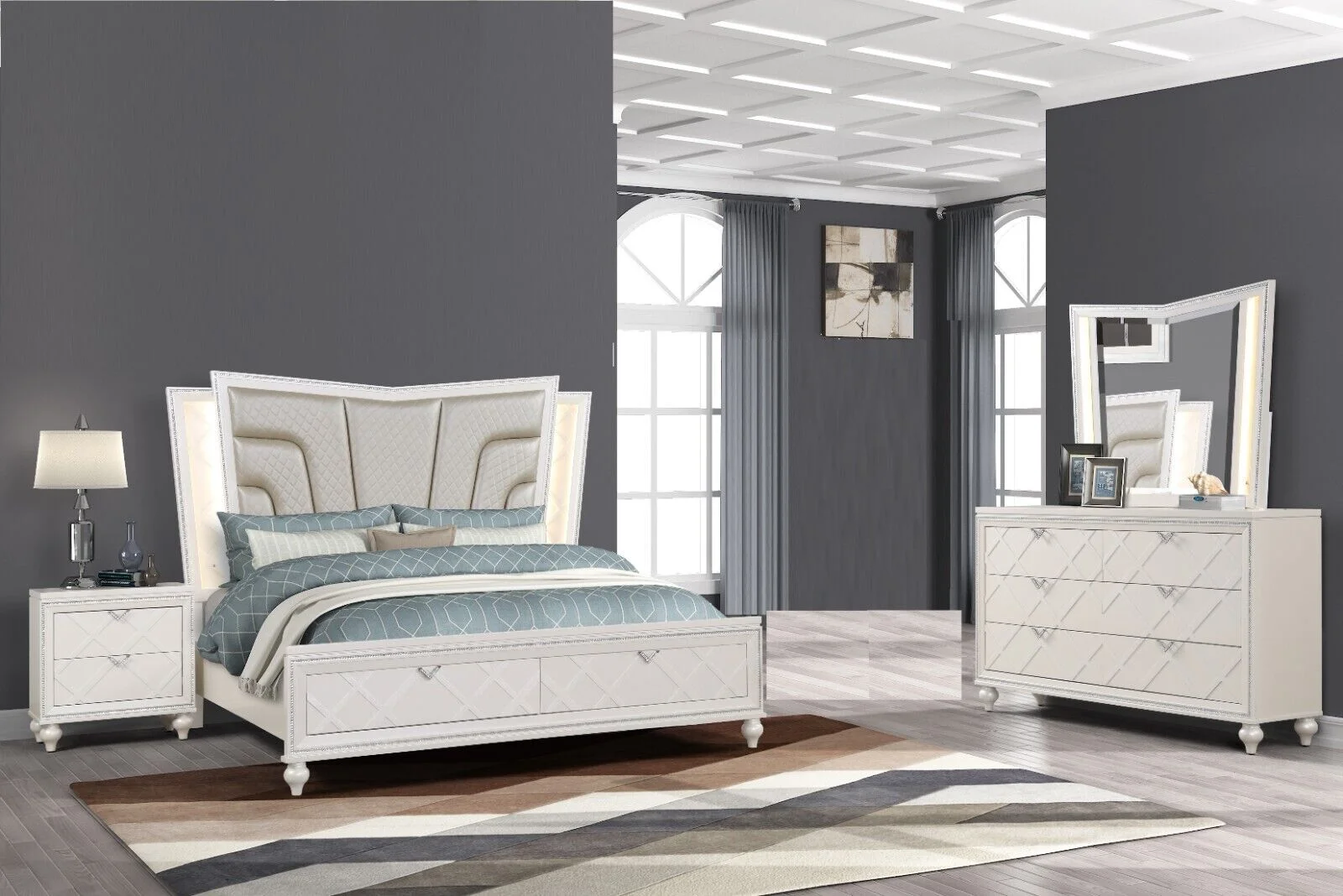 Modern 3pc Luxury Silver Queen Size Storage LED Headboard Bed 2x Nightstand Bedroom Furniture