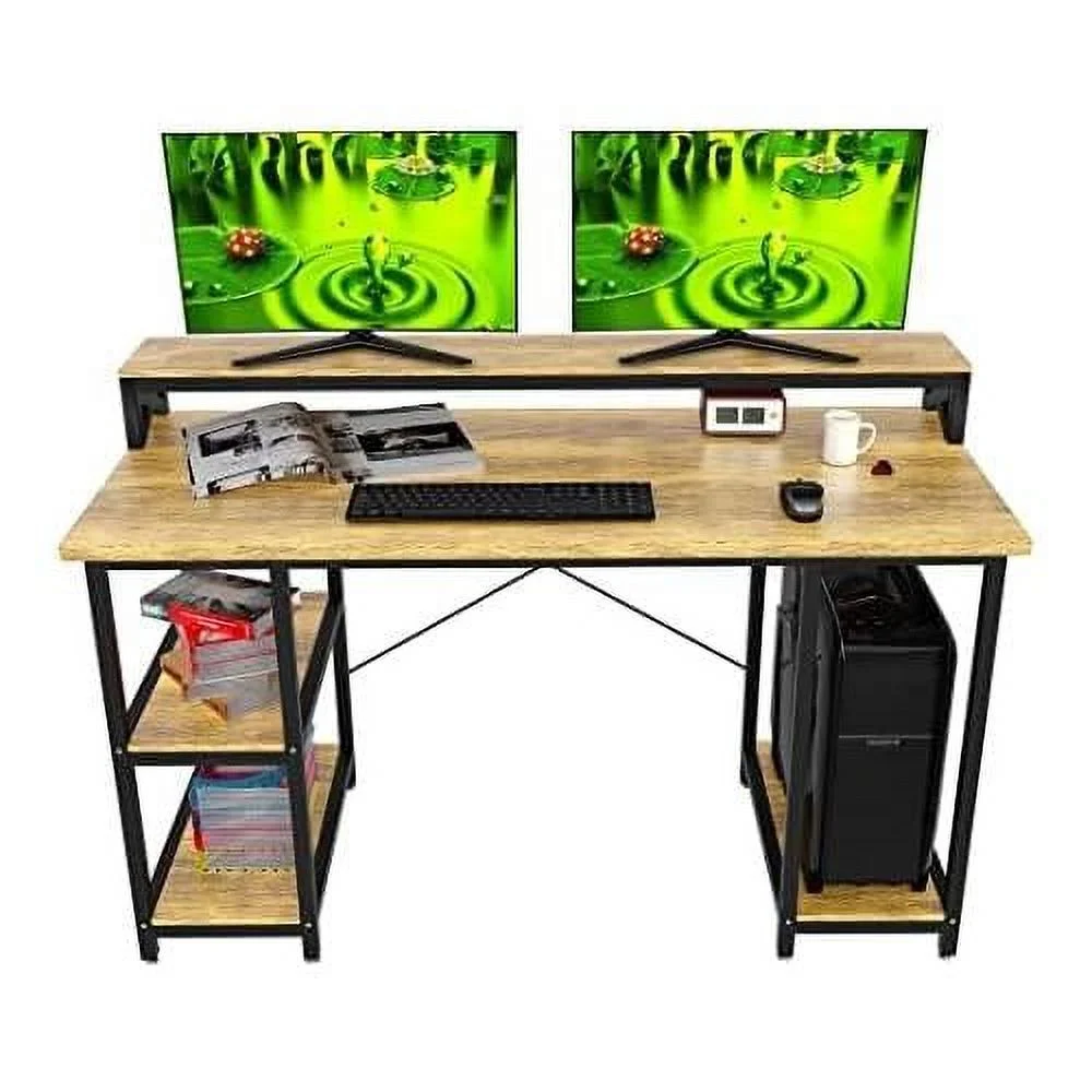 Wood Computer Desk With Monitor Shelf, 55 Inch Industrial Studio Gaming Desk With Storage, Dual Monitor Stand, Home Office PC Desk, Modern Rustic Compact Writing Desk, Walnut And Black