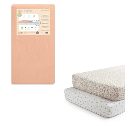 Delta Children Summer Breeze Mattress - Breathable Baby Crib & Toddler Mattress with Cloud Core - Machine Washable Cover - GREENGUARD Gold – Waterproof - Sustainably Sourced Core, Apricot/White