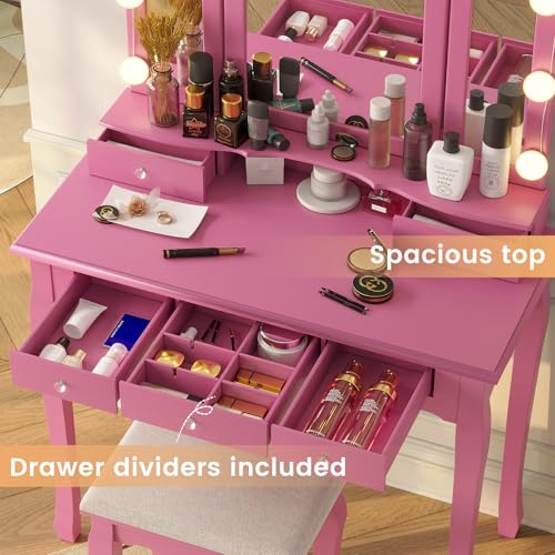 Tiptiper Makeup Vanity with Lights, Vanity Desk with Lighted Mirror and Stool, Vanity Table Set with 5 Drawers, 3 Light Settings, Adjustable Brightness, White