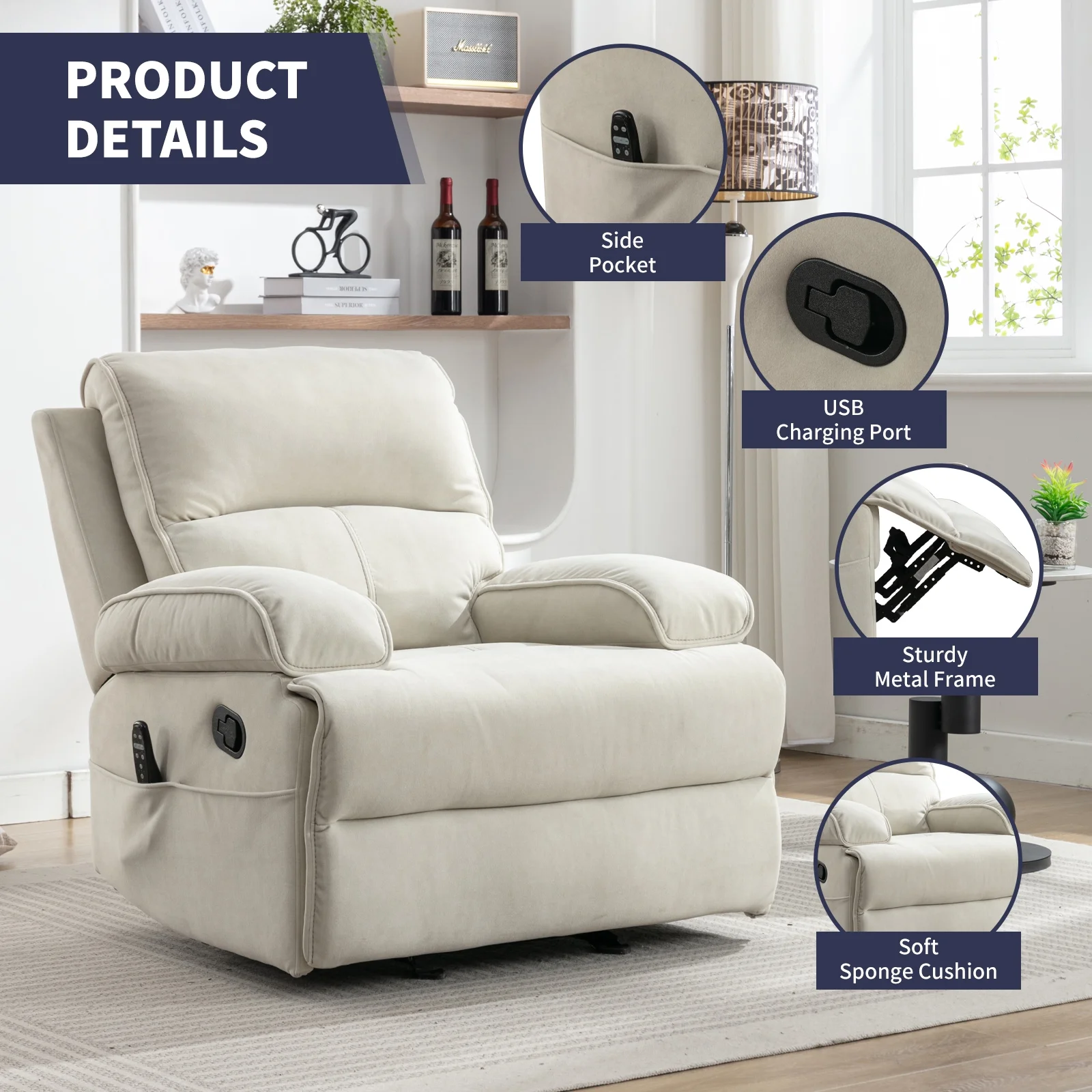 ijuicy Recliner Chair for Adults, Baby Velour Fabric Reclining Sofa Chair with Heat Vibration Function, Lazy Sofa Lift Chair, Oversized Glider Massage Chair for Living Room, Bedroom, Office -Beige