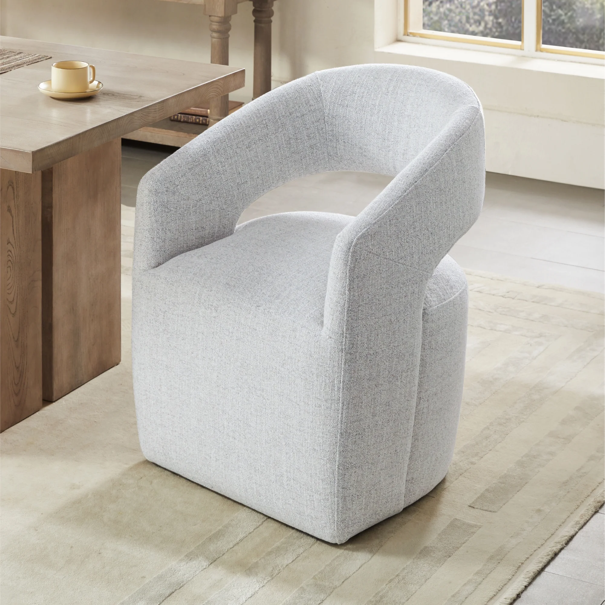 CHITA Modern Dining Chair with Caster Wheels & Open Back, Upholstered Dining Room Chairs, Fabric in Cloud