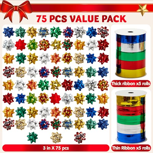 JOYIN 75PCS Christmas Bows Assortment with 2 Rolls of Curling Ribbons,5 Colors Self Adhesive Gift Bows for Gift Wrapping, Birthday Wedding Easter Xmas Presents Boxes Decoration