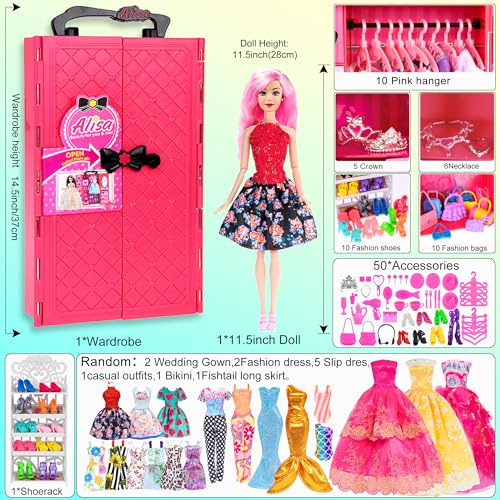 ebuddy 105 Pcs Doll and Closet Plyaset- Wardrobe Set Including One Doll,Wardrobe, Shoes Rack, Dress, Shoes Hangers, Necklace