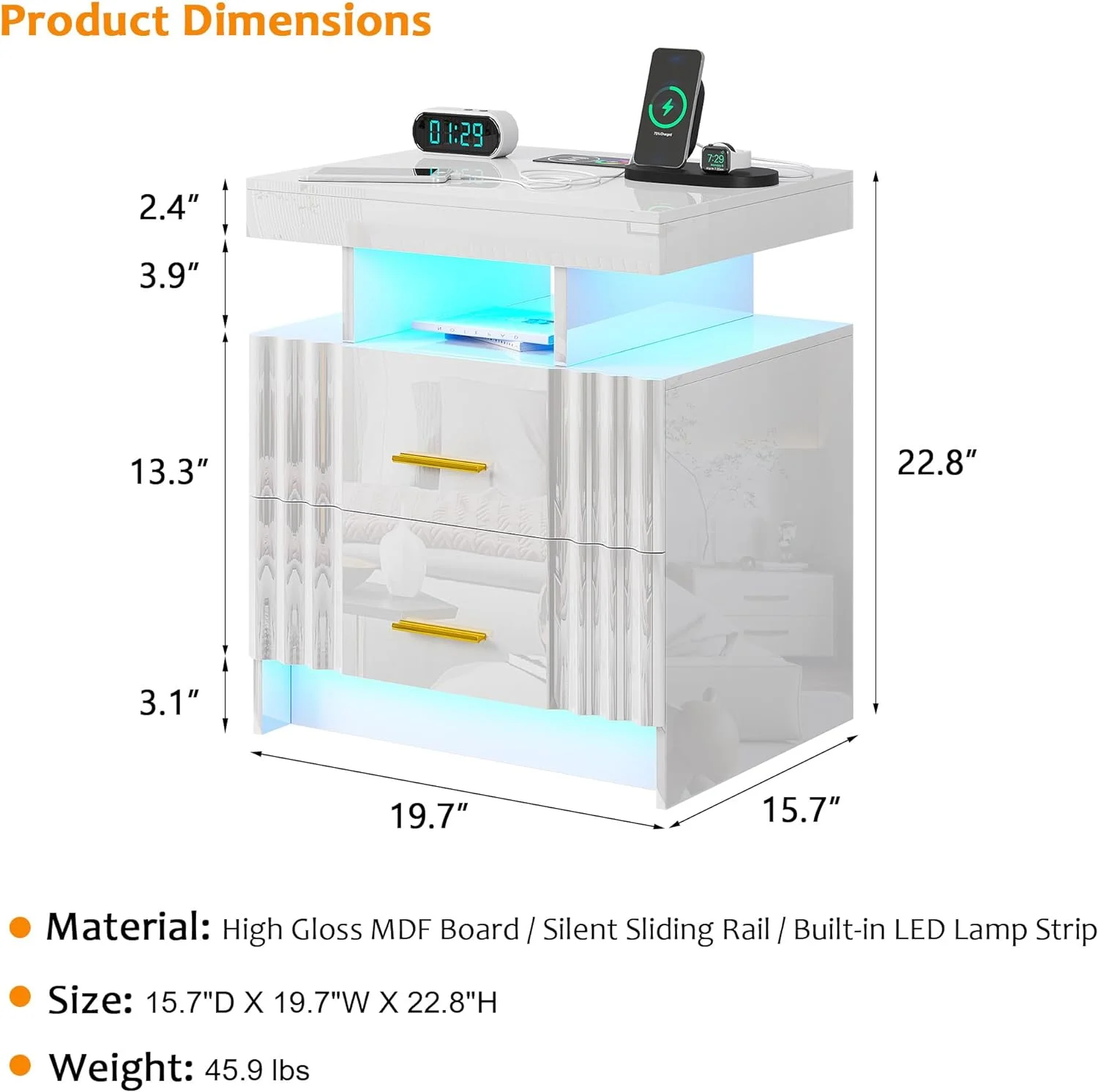 U-ToBe Nightstand with Charging Station, White LED Night Stand with 2 Drawers, High Gloss Bedside Table with Auto Sensor 24-Color Lights/Wireless/Type-C/USB Charging for Bedroom