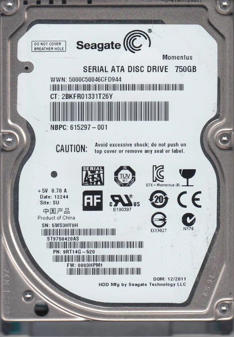 ST9750420AS, 5WS, SU, PN 9RT14G-520, FW 0003HPM1, Seagate 750GB SATA 2.5 Hard Drive