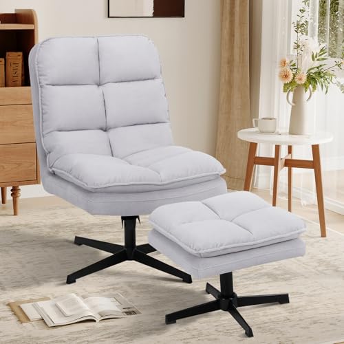 Swivel Accent Reading Chair with Ottoman, Modern Velvet Upholstered Lounge Chair with 360° Swivel and Criss-Cross Legs, Comfy Reading Chair for Bedroom, Living Room, Office,LightGray