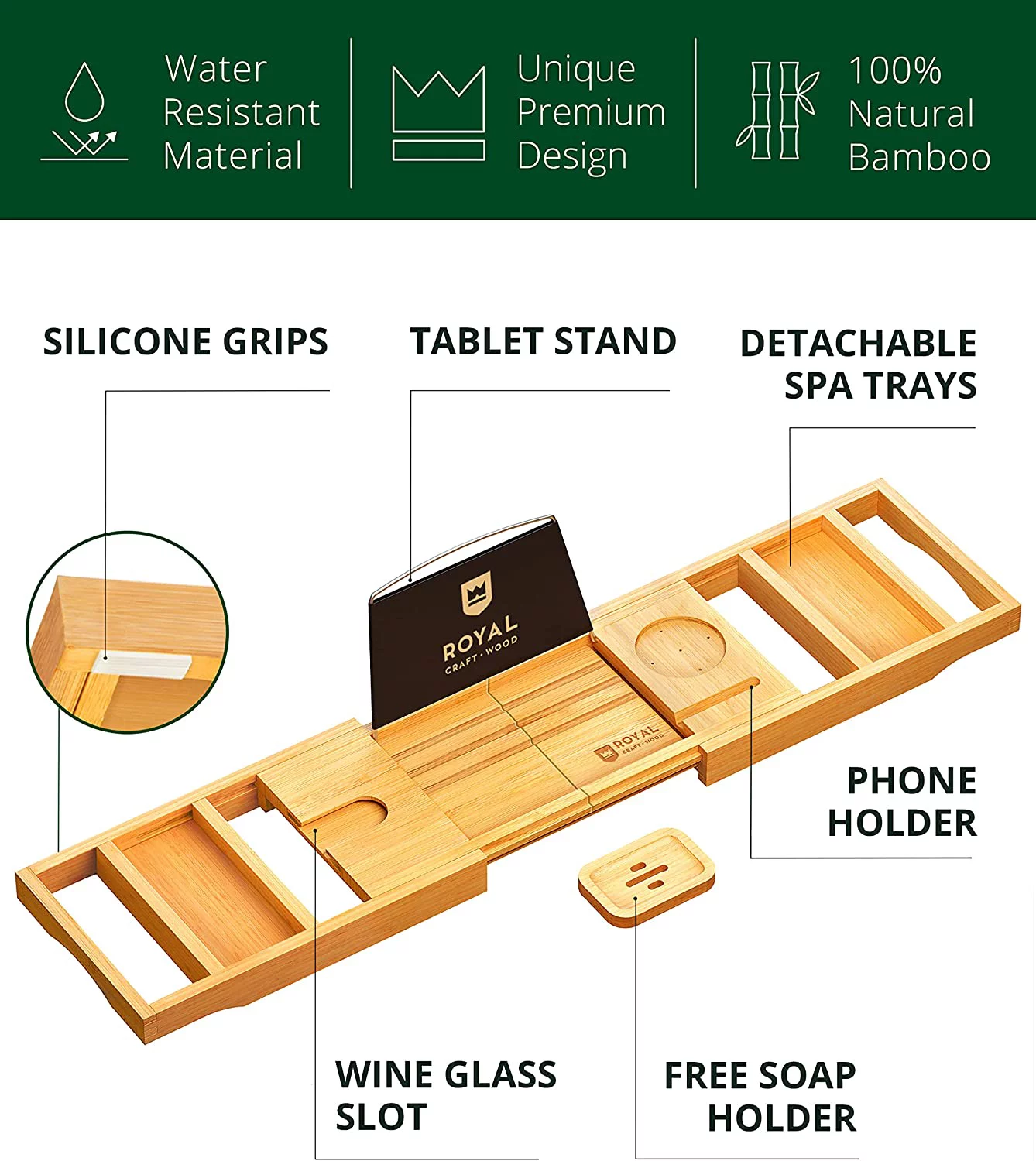 𝐋𝐮𝐱𝐮𝐫𝐲 Foldable Bathtub Caddy Tray, Bamboo Bath Caddy Natural Bathtub Tray Expandable, Bath Tub Table Caddy with Extending Sides SPA Bath Shelf - ROYAL CRAFT WOOD