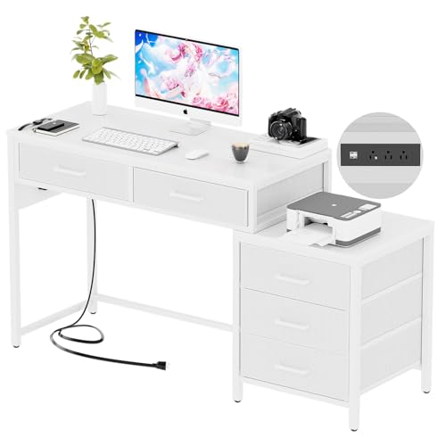 Unikito Reversible Computer Desk with 5 Drawers, Sturdy Office Desk with Power Outlets and USB Ports, Study Writing Table with File Cabinet & Printer Stand, Vanity Desk with Storage, White