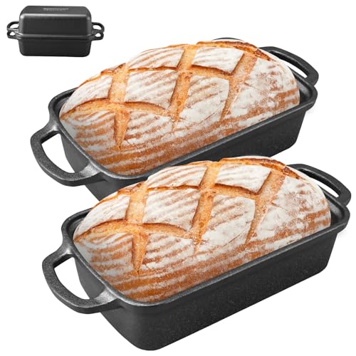2 in 1 Cast Iron Bread Pan with Lid 9×5 Inch - Loaf Bakeware for Sourdough & Sandwich Bread - Pre-Seasoned Dutch Oven Style - Heavy Duty with Even Heating