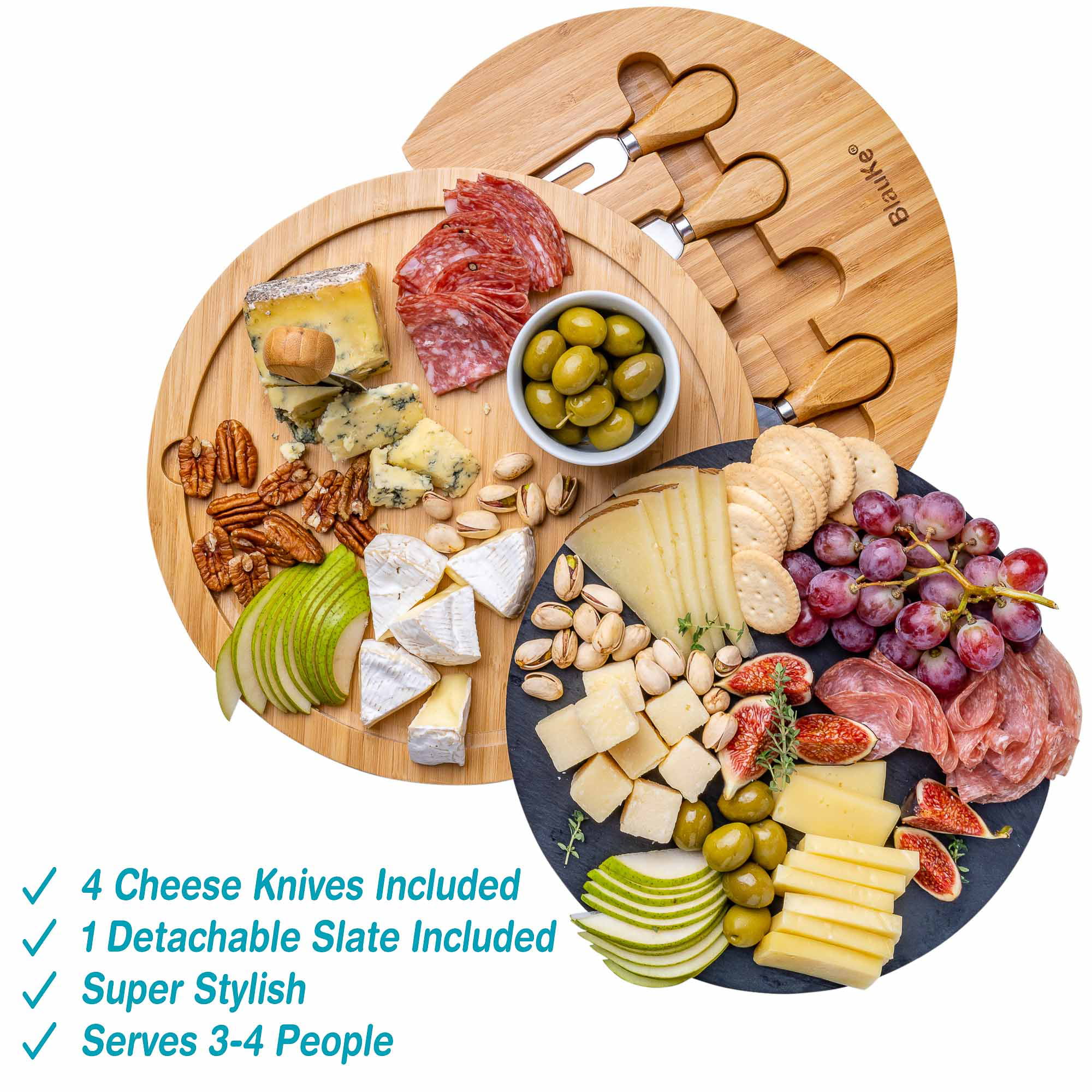BlauKe® Bamboo Cheese Board with Knife Set and Slate – 12 inch Round Charcuterie Board, Serving Tray, Platter, Wood Cheese Board Set – Gift Idea