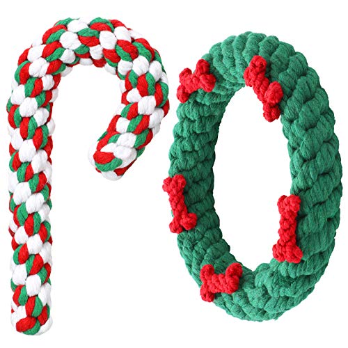 Skylety 2 Pieces Christmas Dog Chew Toy and Candy Cane Rope Toy Pet Durable Puppy Teething Toys Chewing Ropes for Small and Medium Dogs