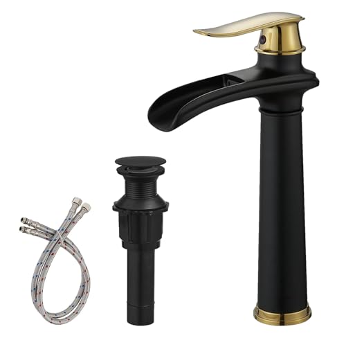 BWE Vessel Sink Faucet Brushed Nickel Tall Waterfall Bathroom Faucet Deck Mount Single Handle One Hole Lavatory Vanity Faucet with Pop Up Drain Assembly and Supply Hose