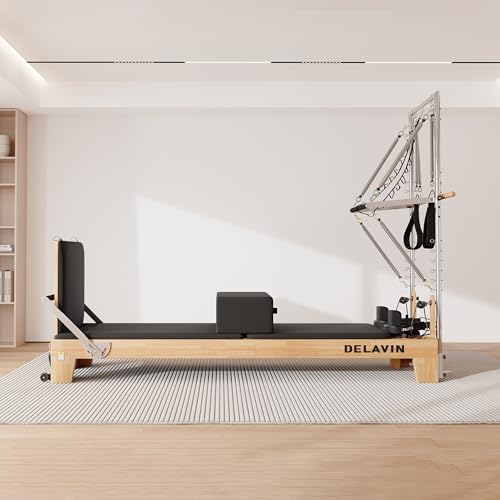 DELAVIN Pilates Reformer with Tower, Pilates Machines with Springs, Sitting Box, Jump Board and Accessories, Solid Wooden Pilates Equipment for Studio, Gym and Home Workout