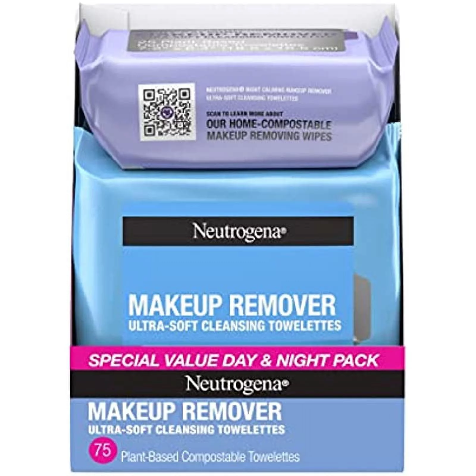 Neutrogena Day & Night Wipes, Makeup Remover Face Cleansing Towelettes & Night Calming Facial Cloths, 100% Plant Based Fibers Wipe Away Dirt, Alcohol-Free, 3 Packs of 25 ct, 75 ct