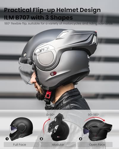 ILM Vintage Full Face Modular Motorcycle Helmet for Adults Men ATV UTV Snowmobile with 180° Reversible Chin Guard DOT Model-B707(Matte Black, L)