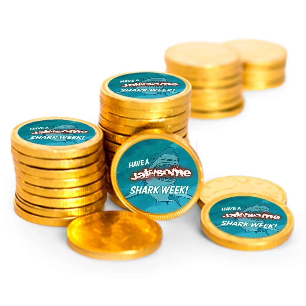 84ct Shark Week Candy Party Favors Chocolate Coins (84 Count) - Gold Foil - By Just Candy
